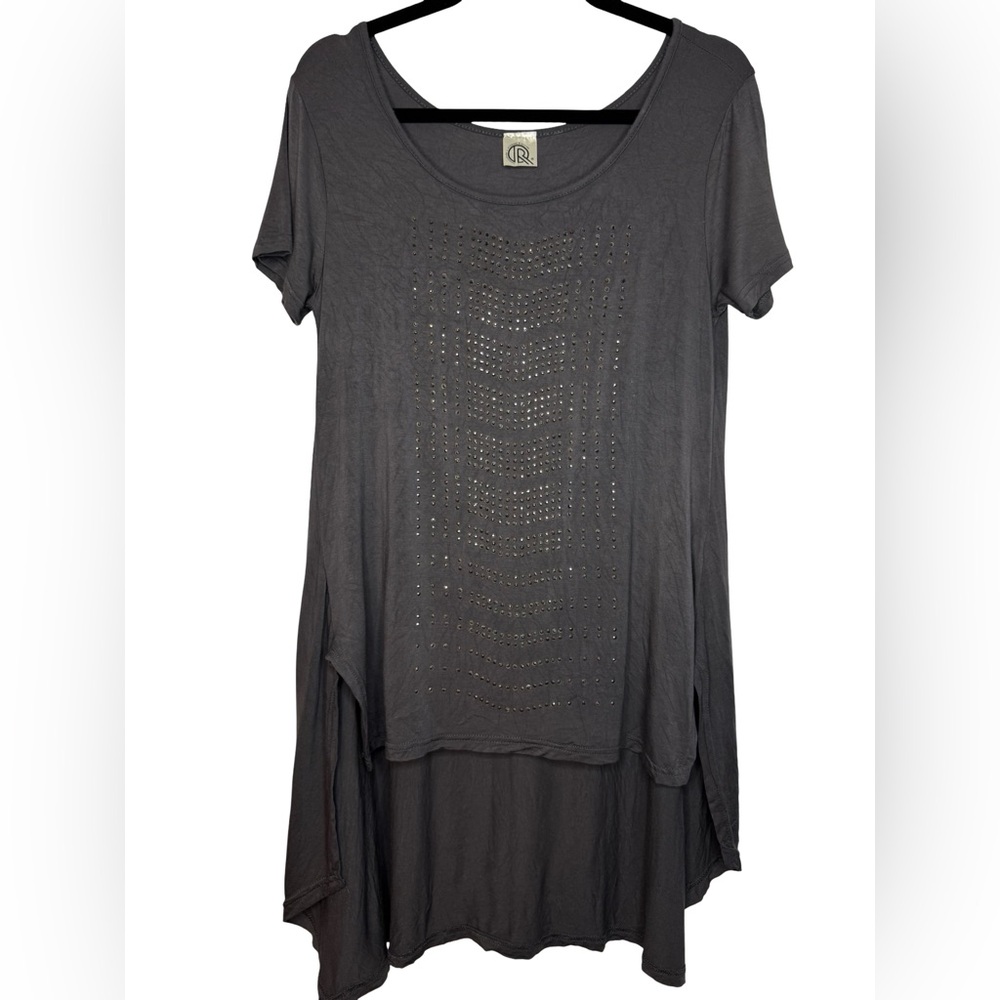 Dark Gray Asymmetrical Rhinestone Short Sleeve High Low Tunic Top